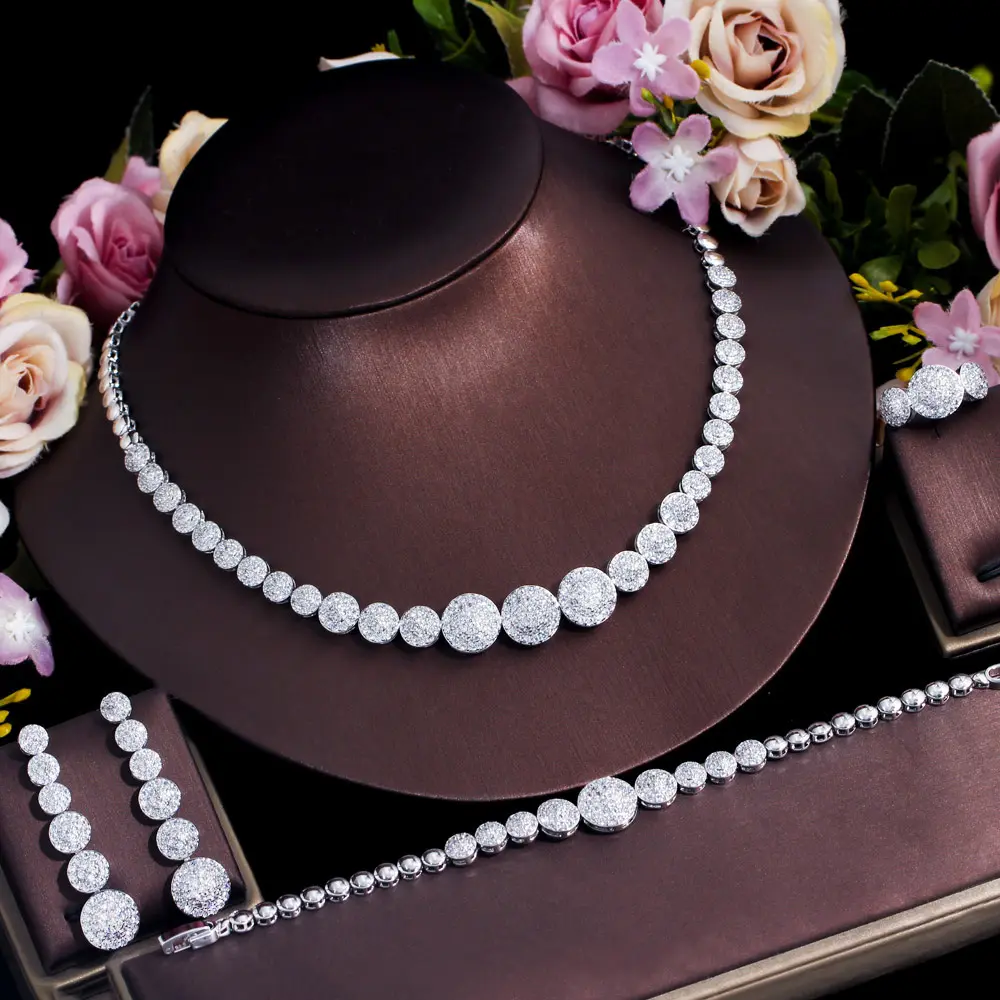 4pcs Trendy Micro Pave Cubic Zirconia White Dubai Gold Color Round Necklace Wedding Jewelry Sets Bride Accessories