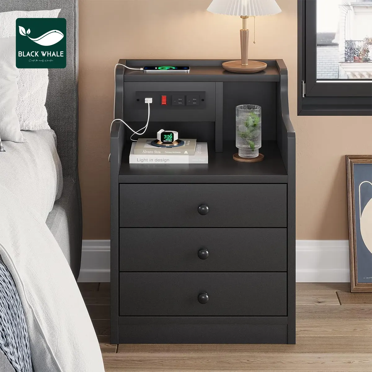 Produttore di fabbrica Smart Night Stand 3 cassetti in legno nero comodino moderno armadio di stoccaggio comodino comodino