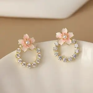 防过敏针粉色樱花花环耳钉女孩魅力花钻石时尚饰品环耳环