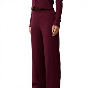 Women's Burgundy Wide Leg Sweatpants High <b>Waist</b> <b>Elastic</b> Loose Fit Casual Full Length <b>Trousers</b> - Product Image 1
