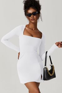 فستان نسائي برقبة مربعة من الجسم بأكمام طويلة وفتحة جانبية فساتين قصيرة مضيئة - Product Image 5