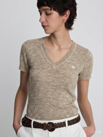 T-shirt à manches courtes en tricot melangeé à col en V pour femme, mini t-shirt en tricot léger à logo brodé, coupe ajustée