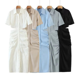 Automne nouvelle robe décontractée pour femmes à manches courtes revers simple boutonnage froissé taille ouverte durable doux automne - Product Image 2