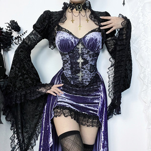 Robes trapèze gothiques sombres en velours pour femme, élégantes pour soirée, style Lolita, tenue de fête, <span class=keywords><strong>grunge</strong></span>, avec bretelles et ourlet en dentelle, style alternatif - Product Image 3