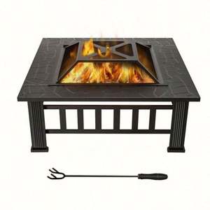 Outdoor Metal Square <b>Table</b> Backyard Patio Garden Stove Wood Burning Brazier Fire Pit With Spark Screen - Product Image 1