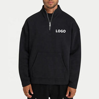 Sweatshirt Pria Hitam Custom dengan Ritsleting Seperempat, Kerah Tegak, Bahan Tebal, Model Oversize, Streetwear dengan Kantong Kanguru