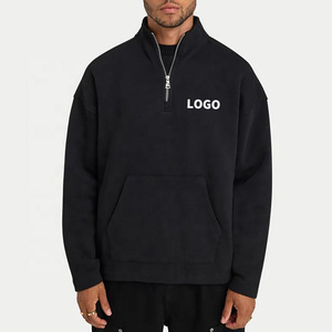 Sweat-shirt noir personnalisé pour homme, col montant, fermeture éclair quart de tour, coupe oversize, style streetwear, avec poche kangourou - Product Image 1
