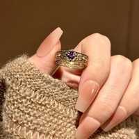 Bague Rétro Noire et Or Géométrique Creuse avec Diamant Violet, Design de Mode Niche, Style Doux et Tendance, Ensemble de Bagues d'Index