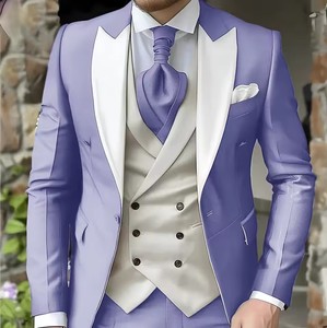 Elegante Completo da Matrimonio 3 Pezzi Giacca <span class=keywords><strong>Pantaloni</strong></span> Gilet Set Completo Lussuoso Monopetto con Risvolto a Punta Abbigliamento Maschile Viola Abiti da Uomo Blazer - Product Image 2