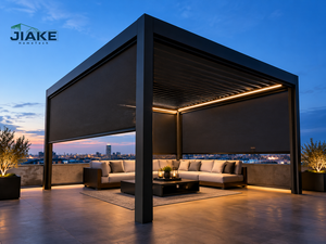 Pergola en aluminium noir à lames orientables avec stores motorisés coupe-vent sur trois côtés et bande LED pour terrasse et gazebo - Product Image 2