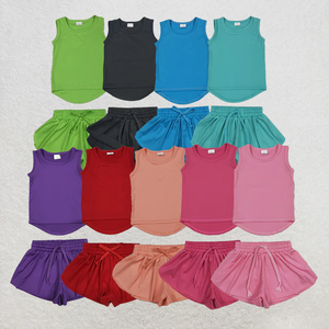 Wholesale Kids Toddler Girls Yoga Wear Summer 2 Piece Outfit Solid Sleeveless Tank Tops with Butterfly Shorts Athletic Sets - Product Image 1