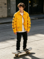 Nouvelle veste en jean jaune pour homme, style streetwear, avec patchwork graphique, bords effilochés, effet usé, veste de camionneur, vêtements d'extérieur pour homme