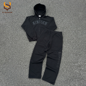 Casual Wear High Quality Custom <b>3D</b> Embroidery logo Grey Pullover <b>Hoodies</b> and Baggy Sweatpants Set Jogging Suit - Product Image 1