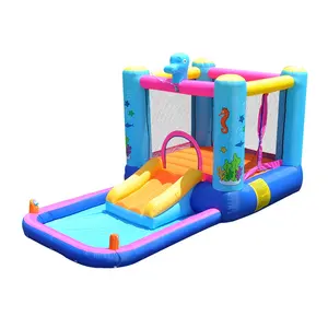 Exciting and interesting family party outdoor trampoline with splash pool water slide jump ball pit inflatable game