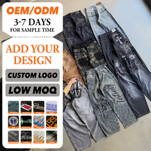 <span class=keywords><strong>Jeans</strong></span> vintage personnalisés à imprimé camouflage, coupe large, taille mi-haute, en denim tissé, avec strass, délavage effet usé, pour hommes, faible MOQ - Product Image 1