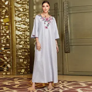 2024 diseñador bordado cuello redondo Kaftan Wear elegante mujer señoras Sexy musulmán modesto vestido de noche