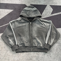 Sweat à capuche court épais pour homme, noir, style vintage délavé à l'acide, avec bande latérale effet usé et épaules larges au dos, streetwear