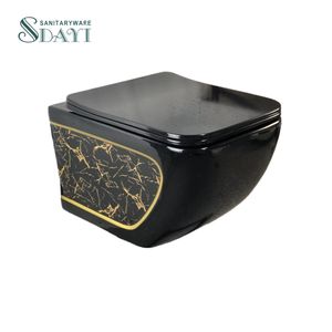 SDAYI baño de lujo sanitario negro con patrón de color dorado doble descarga una pieza porcelana WC colgado en la pared <span class=keywords><strong>Cister</strong></span> inodoro sin montura - Product Image 3