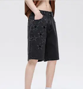 Grosir Tiongkok celana jins pendek longgar, celana jins hitam panjang selutut, celana pendek Baggy lurus, pakaian jalan dengan motif bintang