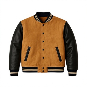 Men's Brown <b>Suede</b> Varsity <b>Jacket</b> With Black Leather Sleeves Turn-down Collar Button Closure Casual Autumn Wear - Product Image 1