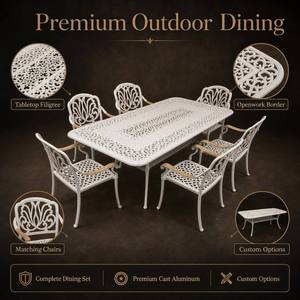 <span class=keywords><strong>Table</strong></span> de patio rectangulaire en <span class=keywords><strong>aluminium</strong></span> moulé blanc durable, avec motif floral ajouré, anti-rouille, avec trou pour parasol - Product Image 2