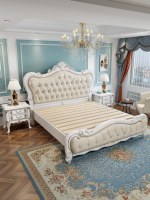 Lit plateforme de style français BOSMAR, taille King, tête de lit capitonnée, cadre en bois de mahogany massif sculpté à la main, couleur beige