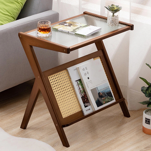 Rattan Side <b>Table</b> With Storage Glass Top Boho End <b>Table</b> For Small Space - Product Image 4
