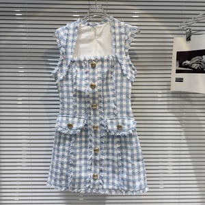 <span class=keywords><strong>Robe</strong></span> en jean <span class=keywords><strong>denim</strong></span> bleu sans manches, tendance et élégante, en tweed tricoté, effet délavé, coupe droite, pour <span class=keywords><strong>femme</strong></span>, OUDINA - Product Image 1