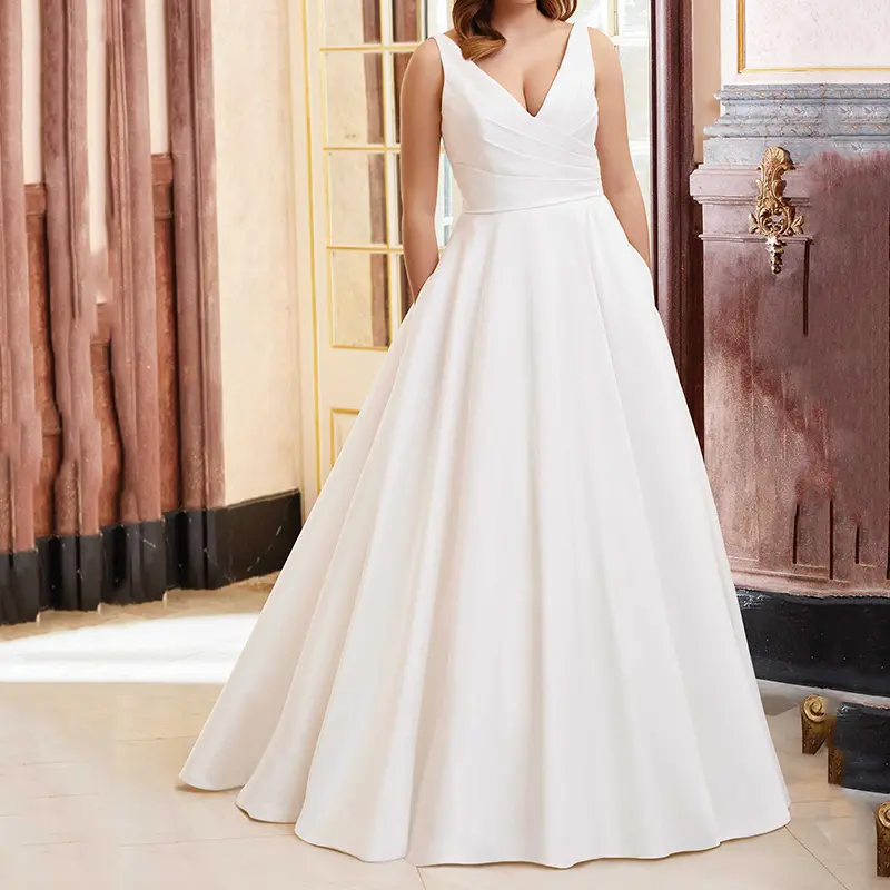 Satin Halter Bridal Gown Civil Wedding White Dress Split Backless Civil Wedding Dress Plain Maxi satin wedding dress