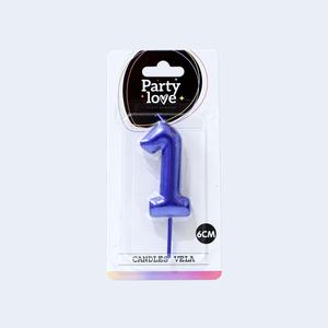 Bougie d'anniversaire bleue numéro 1 Party Love 6 cm pour décoration de gâteau - Product Image 1