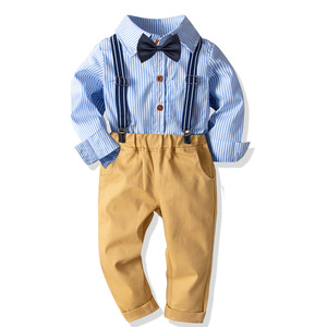 Buy Direct From China Factory the Boys Boutique Clothing Vertical Stripe Cotton T-Shirts and <b>Suspender</b> Pant <b>Set</b> - Product Image 1