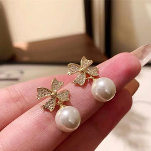 S925 Silver DIY Pearl Accessories 10-13mm Round <b>Beads</b> Ear Nails & Empty Bracket <b>Butterfly</b> Knot Earrings 21207 - Product Image 2