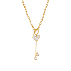 European American Style Retro Pearl Heart Tassel Chain Stainless Steel Gold Plated Necklace Gift - Product Image 5