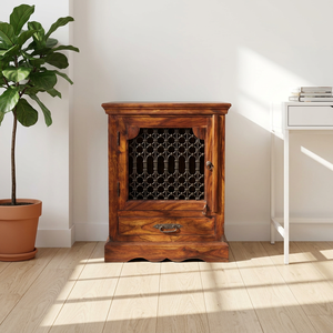 Table de chevet de style vintage en bois et fer avec motif Jali découpé, 1 porte et tiroir de rangement, petite boîte de rangement pour chambre à coucher - Product Image 5