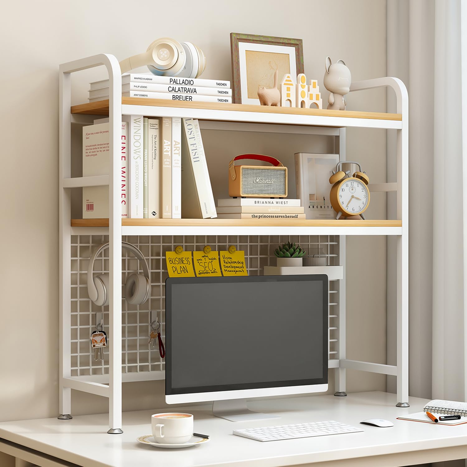 Mihoho Desktop Shelf Organizer, Adjustable Wood Desktop Bookshelf, Office Storage Rack, Wood Display Shelf For Home, Study, Office (Walnut C