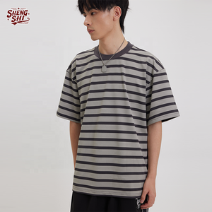 Customized Workplace's Striped Tee <b>Shirt</b> Drop Shoulder OEM Pure Cotton 250g <b>Short</b> <b>Sleeve</b> Crew Neck Dry Fit for School Vintage - Product Image 1