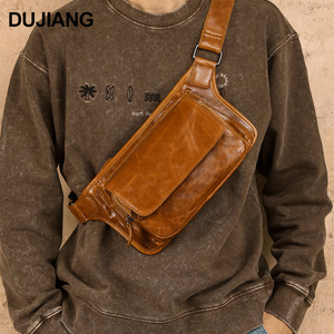 Dujiang Genuine Leather Recyclable Chest <b>Bag</b> Men's Crossbody <b>Sling</b> Fanny Pack Outdoor Casual Wearable Brown Oil Coffee Black - Product Image 1
