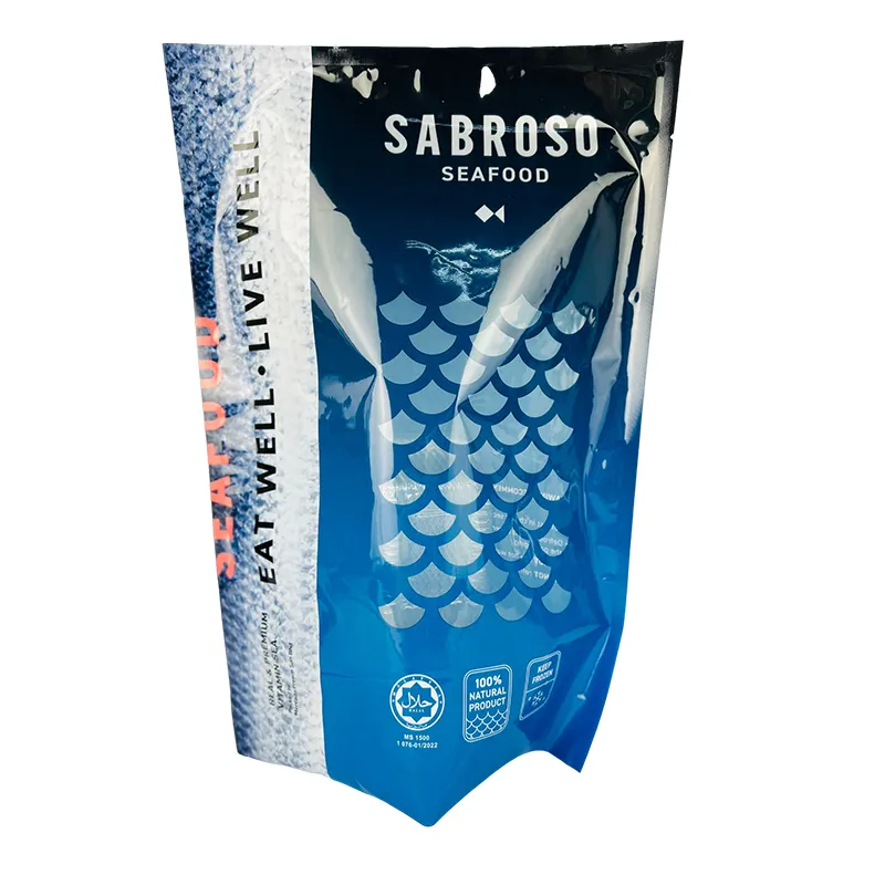 custom gravure printing piercing design frozen food lldpe stretch film plastic bag for shrimp seafood fish crab lobsters clam