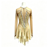 Robe de patinage artistique à manches longues Champagne avec franges et strass, dos ouvert, pour filles et femmes adultes