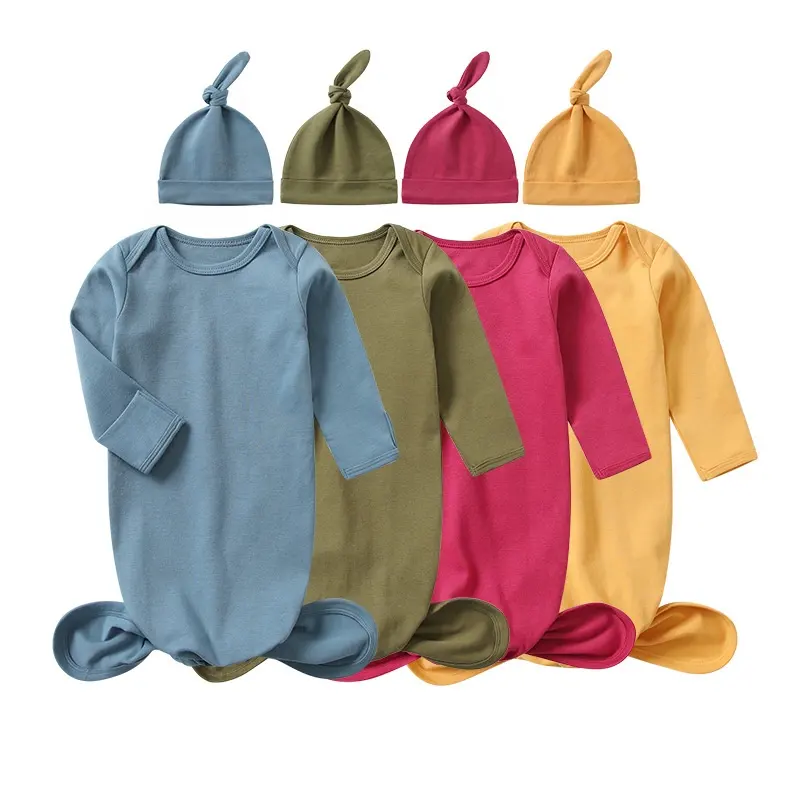 100% Baumwolle Blank benutzer definierte Neugeborene Baby geknotete Kleid & Hut Coming Home Outfit Baby Tasche Kleid Set