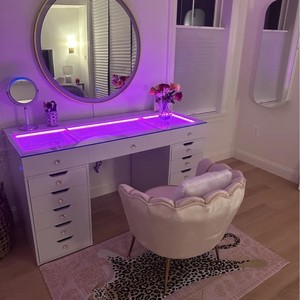 Nouveau grand coin miroir maquillage commode bureau chambre moderne blanc Mdf maquillage vanité Table avec Led éclairé verre trempé haut - Product Image 2