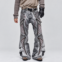 DiZNEW High Street Men Relief Texture Flare Jeans Heavyweight Contrast Stitch Baggy Denim Trousers Darkwear OEM