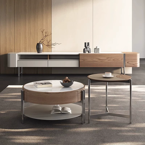 Tavolino da Caffè Moderno Rotondo con Piano <span class=keywords><strong>in</strong></span> Pietra Microcristallina e Combinazione <span class=keywords><strong>in</strong></span> <span class=keywords><strong>Legno</strong></span> per Soggiorno - Product Image 1