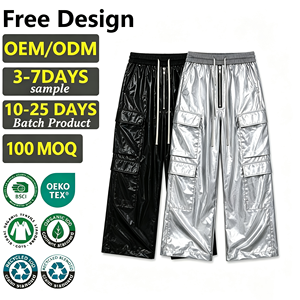 <span class=keywords><strong>Pantaloni</strong></span> Cargo da <span class=keywords><strong>Uomo</strong></span> LEDUO in Ecopelle Metallizzata Lucida, Gamba Larga, Stile Streetwear con Tasche Multiple, Vita con Coulisse e Chiusura a Cerniera - Product Image 1
