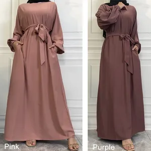 6673 # 신상품 슬림 슬리브 탄성 커프 일반 색상 폐쇄 아바야 무슬림 여성 겸손 슬립 드레스 사이드 포켓