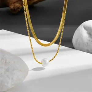 Pemasok kalung Choker rantai ular emas berlapis baja tahan karat kalung liontin mutiara perhiasan modis wanita perempuan