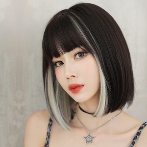 Perruque Bob Courte Synthétique Femme, Effet Amincissant, <span class=keywords><strong>Frange</strong></span> Droite, Boucles Inversées, Longueur Clavicule, Perruque Complète, Tendance Internet, Effet Highlight Peekaboo - Product Image 2
