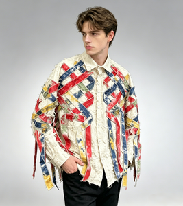 Chemise décontractée en flanelle texturée <span class=keywords><strong>à</strong></span> boutons, multicolore, tie-dye, patchwork de rubans, franges, bretelles, coupe oversize, avant-gardiste pour homme - Product Image 5
