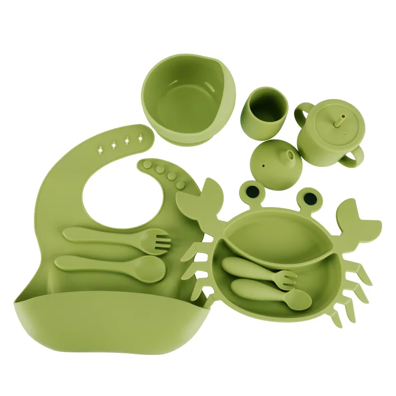 Baby Toddler Kids Feeding plate Set silicone Bib Plate Bowl Drinking Mug Spoon & Fork Eeating Utensils for Toddler