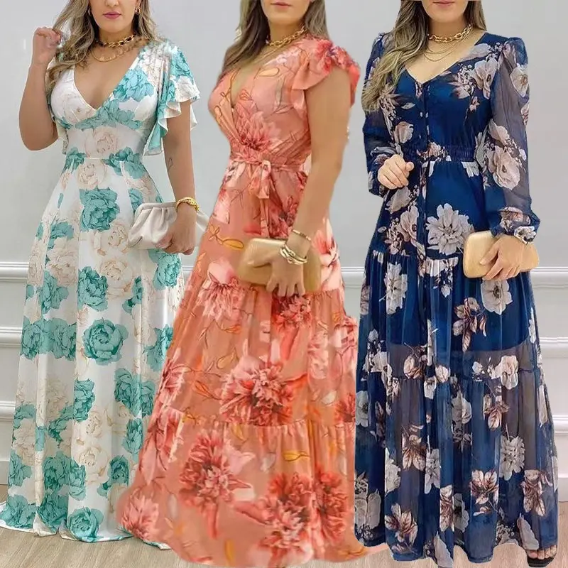 Fashion Girl France Love Pattern Midi Dresses V-neck Short-sleeved Goddess Temperament Clothes Knee-length Large Maxi Dress